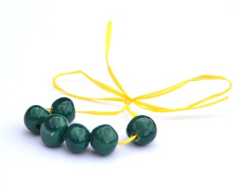 6 pieces of Handmade Ceramic SMALL Beads Round in Forest Green