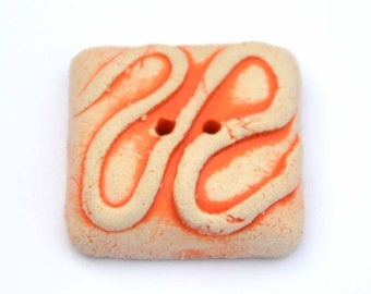 1 Piece LARGE Handmade Ceramic Rectangular Buttons in Cream with A Bright Orange Winding Design