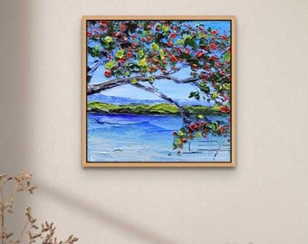 New Zealand Art, Rangitoto, Auckland. New Zealand Print,8x8, Pohutukawa Trees, Auckland City, Waitemata Harbor, Kiwi Artist Lisa Elley