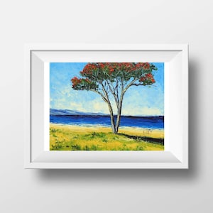 New Zealand Art, Christmas Tree, New Zealand Print, Original Art, Palette knife, Textured Landscape, New Zealand,Pohutukawa Tree, Flowers