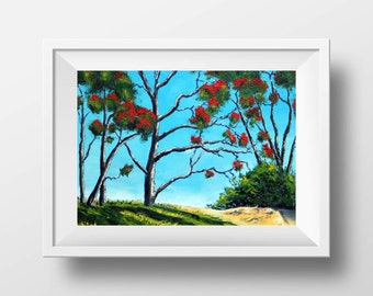 New Zealand Print, Fine Art, 11 x 14, Giclee, Oil Painting Palette Knife Landscape, Native Christmas tree, Pohutukawa, Artwork by Lisa Elley