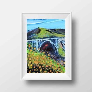 Bixby Bridge, California Art, Big Sur, Landscape Print, Pacific Highway, California Poppies, Yellow, Orange Poppy Artwork, 8x10, Print, Art