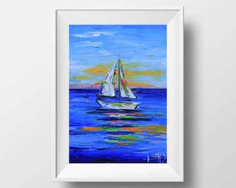 Sailboat Print, Boat Print, Nautical Decor, Sail Boats, California Art, Seascape, Ocean Print, 8x10, Monterey Bay, Palette Knife, California