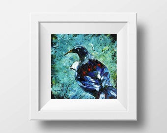 New Zealand Art, Bird Print, Tui Bird, Art 8x8, Signed Archival Art Print by Award Winning San Francisco and New Zealand Artist Lisa Elley