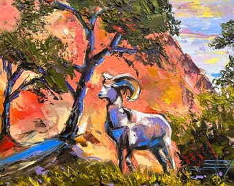 Zion Majesty Original Oil Painting, Mountain Goat Art, National Park Inspired, 20x20 Canvas, Nature Decor, Southwest Vibes, Unique Gift Idea