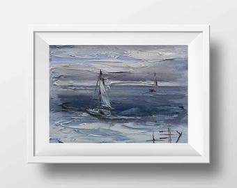 Sailboat Print, Boat Print, Nautical Decor, Sail Boats, California Art, Seascape, Ocean Print, 8x10, Monterey Bay, Palette Knife, California