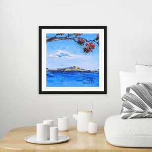 New Zealand Art, Rangitoto, Auckland. New Zealand Print,8x8, Pohutukawa Trees, Auckland City, Waitemata Harbor, Kiwi Artist Lisa Elley
