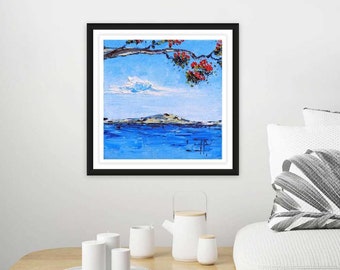 New Zealand Art, Rangitoto, Auckland. New Zealand Print,8x8, Pohutukawa Trees, Auckland City, Waitemata Harbor, Kiwi Artist Lisa Elley