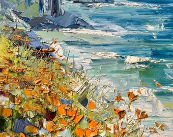 Dipinto ad olio della costa di Big Sur – Paesaggio realizzato con spatola, 12x24