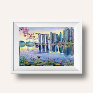 Impresión de Singapur, Horizonte de Singapur, Arte de Singapur, Folleto de Singapur, Marina Sands, Nenúfares, Ciudad, Orquídeas, Súper Árboles, Puerto, Puesta de sol