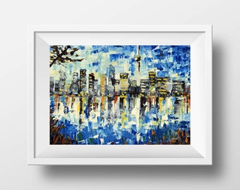 New Zealand Print, Auckland, Abstract Art, Cityscape, Landscape, Original Giclee of Palette Knife Painting in Oil by Artist Lisa Elley