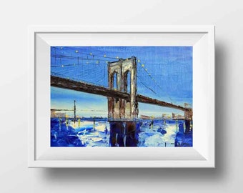 New York Print, Brooklyn Bridge, NYC, Landscape Print, New York City,  Modern Cityscape, New York,Artwork by San Francisco Artist Lisa Elley