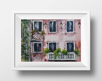 Italy Print, Venice House, Window Box, Window Shutters, Italian Art, Italy Landscape, Romantic Art, Venetian Art, Palette Knife,  Lisa Elley