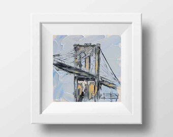 Brooklyn Bridge Art Print: New York City Landscape, Palette Knife Style (8x8)