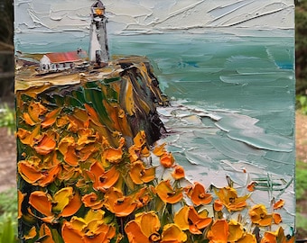 Dipinto a olio sulla costa della California – Opera d'arte del faro – Paesaggio con spatola, 12x12