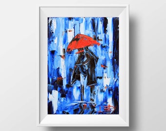 Abstract Print, Rainy Evening, Girl with Umbrella, Giclee print, Abstract Art, Colorful Print, 5x7, 8x10, 11x14, 12x16, Romantic Art Print