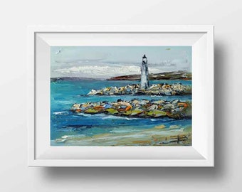 May include: A painting of a white lighthouse on a rocky island with blue water and a sandy beach in the foreground. The sky is cloudy and light blue.