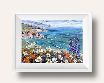 Impression d'art de Big Sur : coquelicots de Californie, paysage de la côte du Pacifique