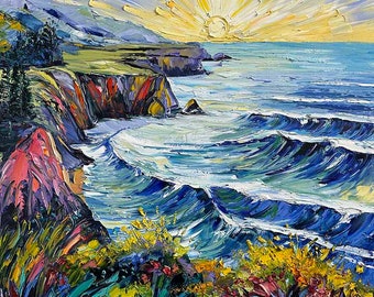 Van Gogh Art,  Vibrant Spring Seascape Painting, Ocean Breeze Artwork, Perfect Coastal Decor for Your Home, California poppies and ocean