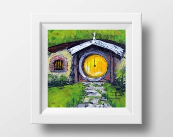 Lord of the Rings Print, Hobbit House Art, Giclee, Hobbiton, 12 x 12, Hobbit Door, Hobbit Hole Signed Print by New Zealand Artist Lisa Elley