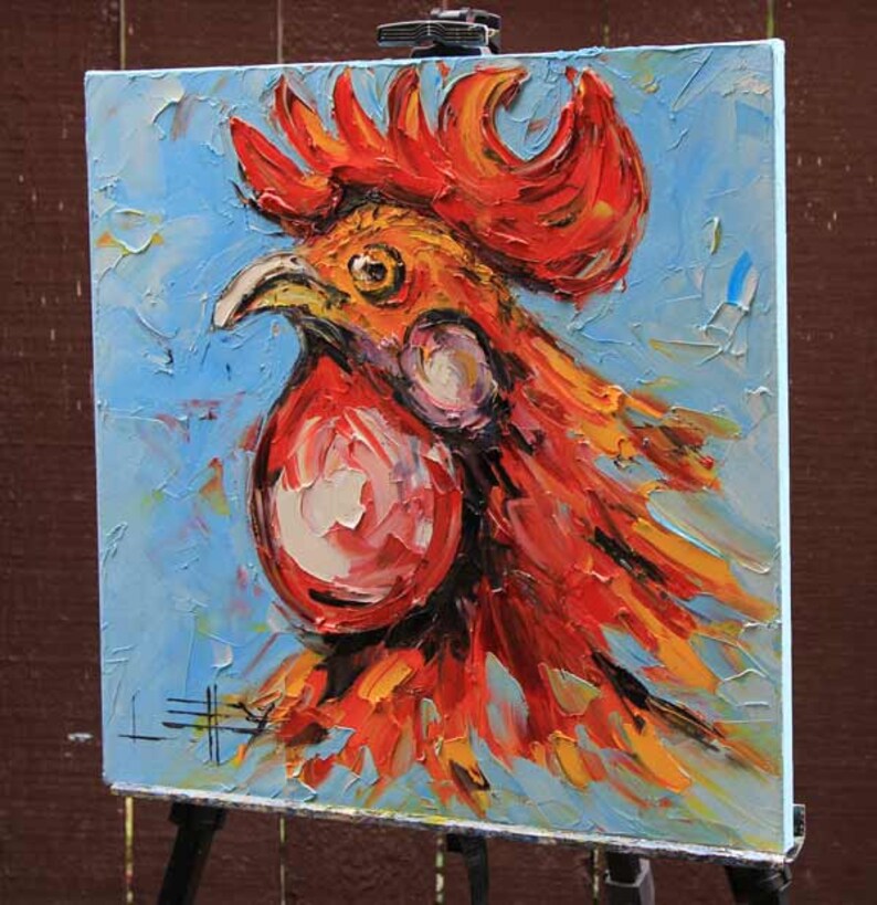 On Sale Rooster Painting Chicken Art Palette Knife Kitchen Etsy