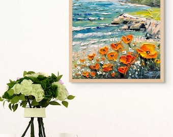 Stampa di papaveri costieri della California - Download digitale di pittura a olio con spatola / Arte murale della costa della California