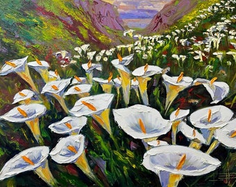 White California Lily Landscape: Captivating Oil Painting. Nature-inspired art showcasing the beauty of wildflowers. Handcrafted on canvas