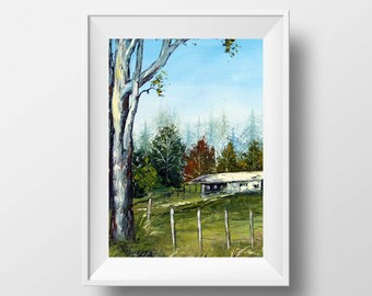 Farm Art Print, 8 x 10, 11 x 14, 12 x 16, New Zealand, Farm, Signed Art Print, Rural, Pastoral Landscape, Green Hills, Fall Forest, Fine Art