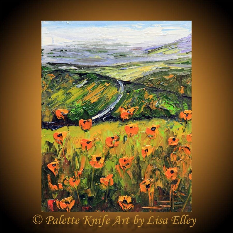 Wine Country Print by a San Francisco bay artist California Poppy Print Palette Knife 8x10 Vineyard Print Vineyard Art Poppy Art