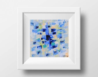 Abstract Art Print, 12x12, Blue, White Gold Palette, Bedroom, Bathroom Decor, Palette Knife Thick Textured Oil Paint, Pacific Hues, Beach