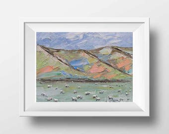 New Zealand Print, Sheep Landscape, Signed Archival Quality Open Edition Print, Original Oil Painting by Award Winning Artist Lisa Elley