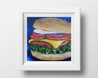 Burger Print, New Zealand, Hamburger, Cheeseburger, Pop, Mouth Watering Food Giclee Art Print, Painting by Award Winning Artist Lisa Elley