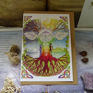 Albero del mondo, biglietto d'auguri, biglietti spirituali, biglietti pagani, arte celtica, biglietto, albero della vita, handfasting, arcobaleno, chakra, yin yang