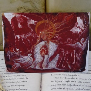 Biglietto d'auguri di fuoco di Brighid, Arte della dea, Fiamma di Brighid, Bridget, Biglietto d'arte, Santa Brigida, Mantello del cigno, Cigno, Cervo, Volpe, Aureola