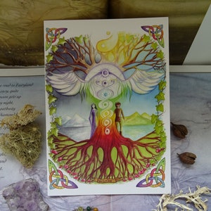 May include: A watercolor painting of a tree of life with a rainbow of colors. The tree has roots and branches, and there are two figures standing on either side of the trunk. The text "World Tree" is written on a banner at the bottom of the image.