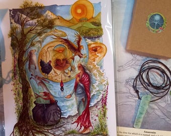 Cerridwen's Spell Art Print and Amazonite Pendant Gift Set - Strength