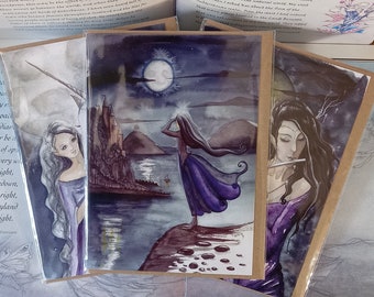 Moonlight Dream, Pack of 3, Greeting Cards, Faerie Cards, Moonlight, Faerie art, Fairies, Moon, Unicorn, Magical, White Horse, Flute