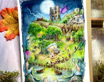 Scarborough Greetings Card - Hairy Bobs Cave, Art Card, Scarborough Castle