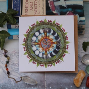 Carte carrée en bois large bande Mandala, phases de lune, forêt, celtique, art spirituel, nature, spirale, arbre, champignon, forêt, hibou