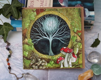 Gateway Square Art Card, Woodland, Celtic, Spiritual Art, Nature, Moon, Tree, Mushroom, Forest, Toadstool