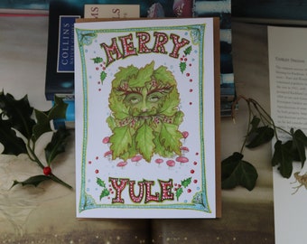 Merry Yule, Christmas Card, Green Man, Toadstool, Mistletoe, Forest, Mushroom Forest, Yule, Yuletide, Woodland, Art Card