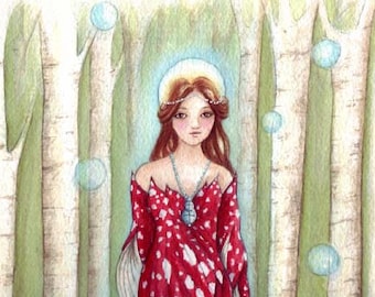 A4 Art Print, Brighids Wood, Goddess Art, Goddess Brighid, St. Bridget, St Bride,  Birch Tree , Toadstool, Woodland, Celtic Goddess