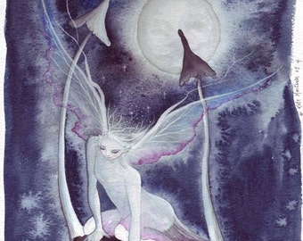 A4 Art Print, Moonlight Wish, Faerie Art, Fairy, Mushrooms, Moonlight, Magical, Night, Moon, Toadstools, Moonlit Pool, Spiritual art, Water