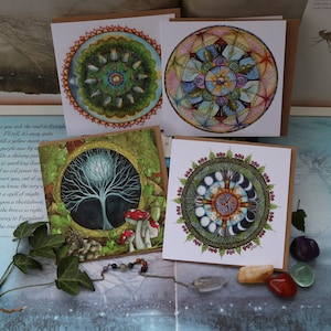Lot de cartes mandala celtique, lot de 4 cartes, mandala, phase de lune, forêt, art celtique, spirituel, nature, spirale, arbre, champignon, forêt, hibou