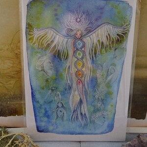 May include: A watercolor painting of a woman with a rainbow of colors around her body. She has a crown of flowers on her head and is surrounded by other figures. The background is a blue and green watercolor wash.
