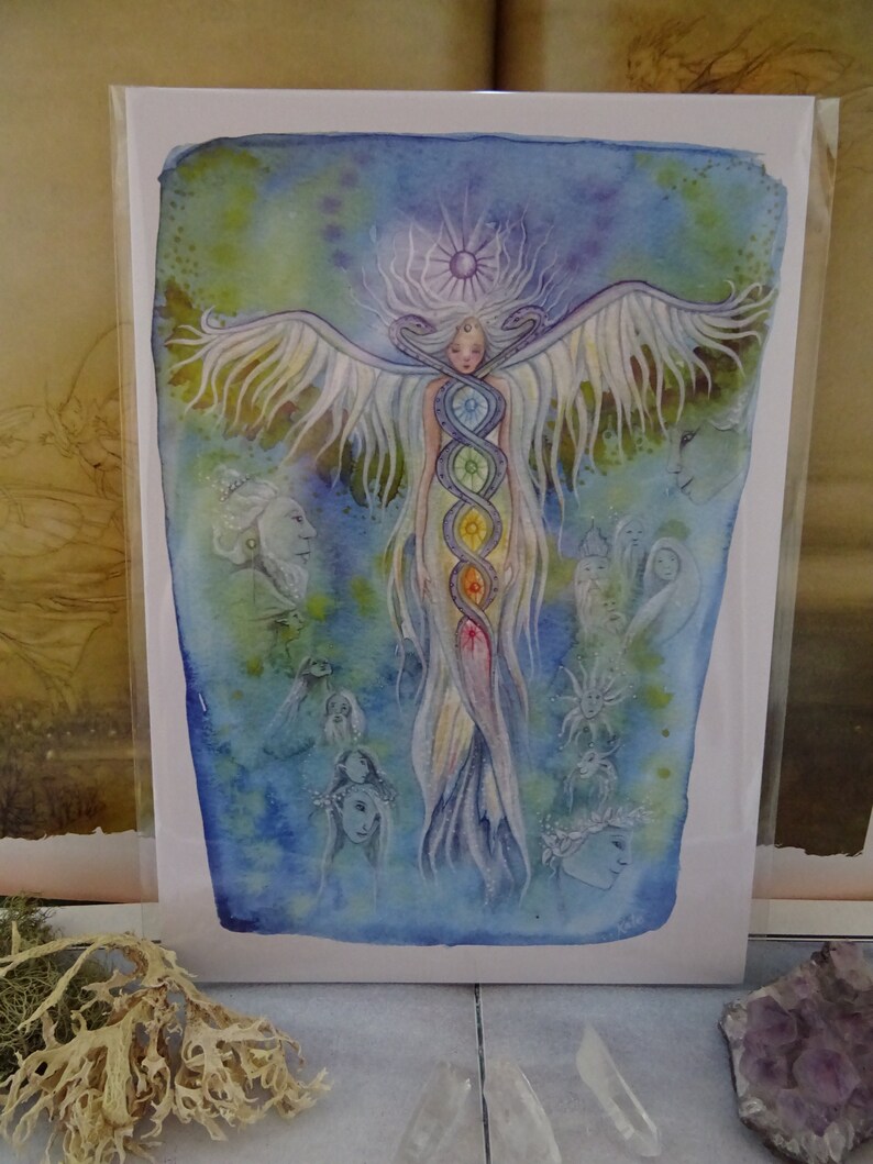 May include: A watercolor painting of a woman with a rainbow of colors around her body. She has a crown of flowers on her head and is surrounded by other figures. The background is a blue and green watercolor wash.