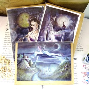 Clair de lune, lot de 3, cartes de voeux, cartes féeriques, clair de lune, art féerique, fées, lune, champignon vénéneux, champignon, forêt, déesse