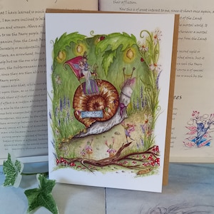 Trouwkaart, net getrouwd, kunstkaart, sprookjeshuwelijk, bos, bos, natuur, feeën, bloemen, paddenstoel