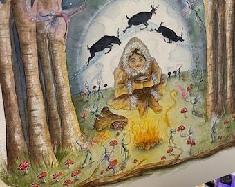 Northern Lights Christmas Toadstools Original Watercolour Painting