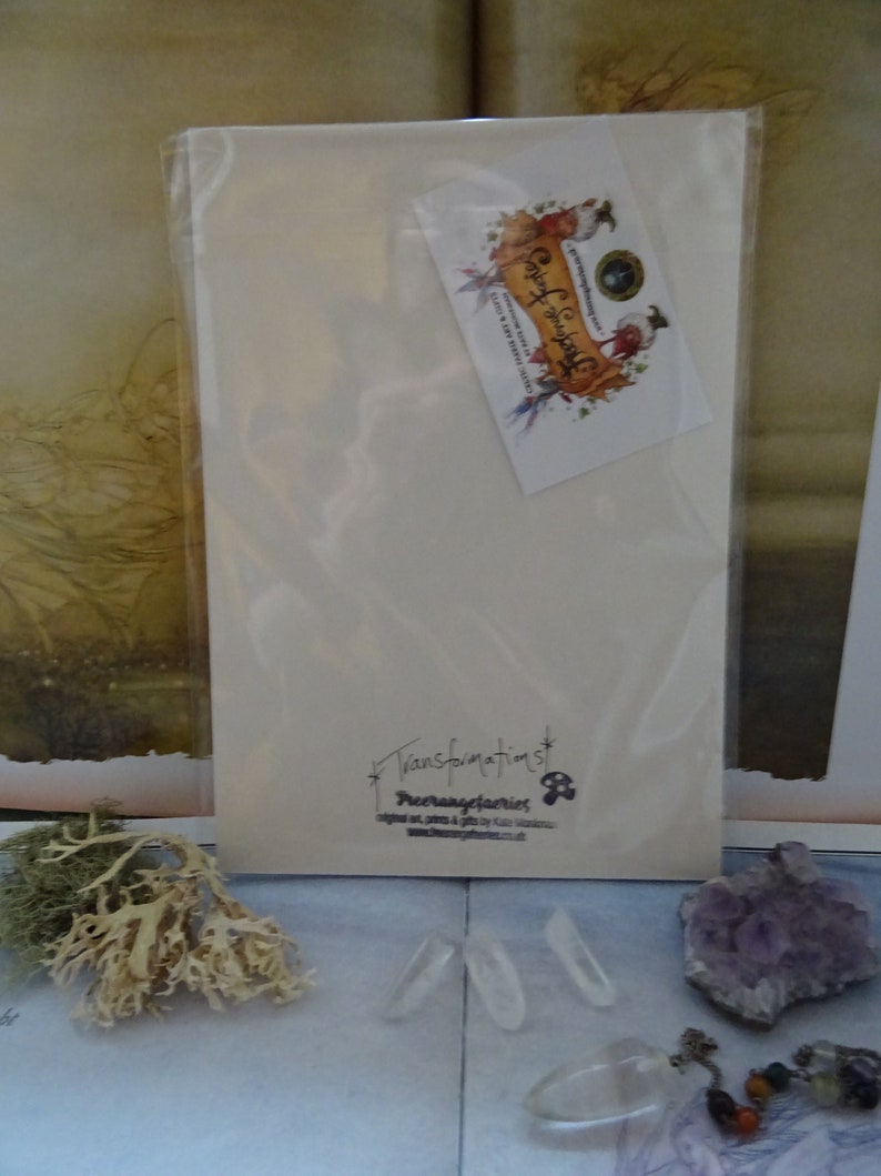 May include: A white card with a brown and gold sticker on the front. The sticker has a bird and the text "Dreamy Fairies". The back of the card has the text "Transformations" and "DreamyFairies" in black ink.